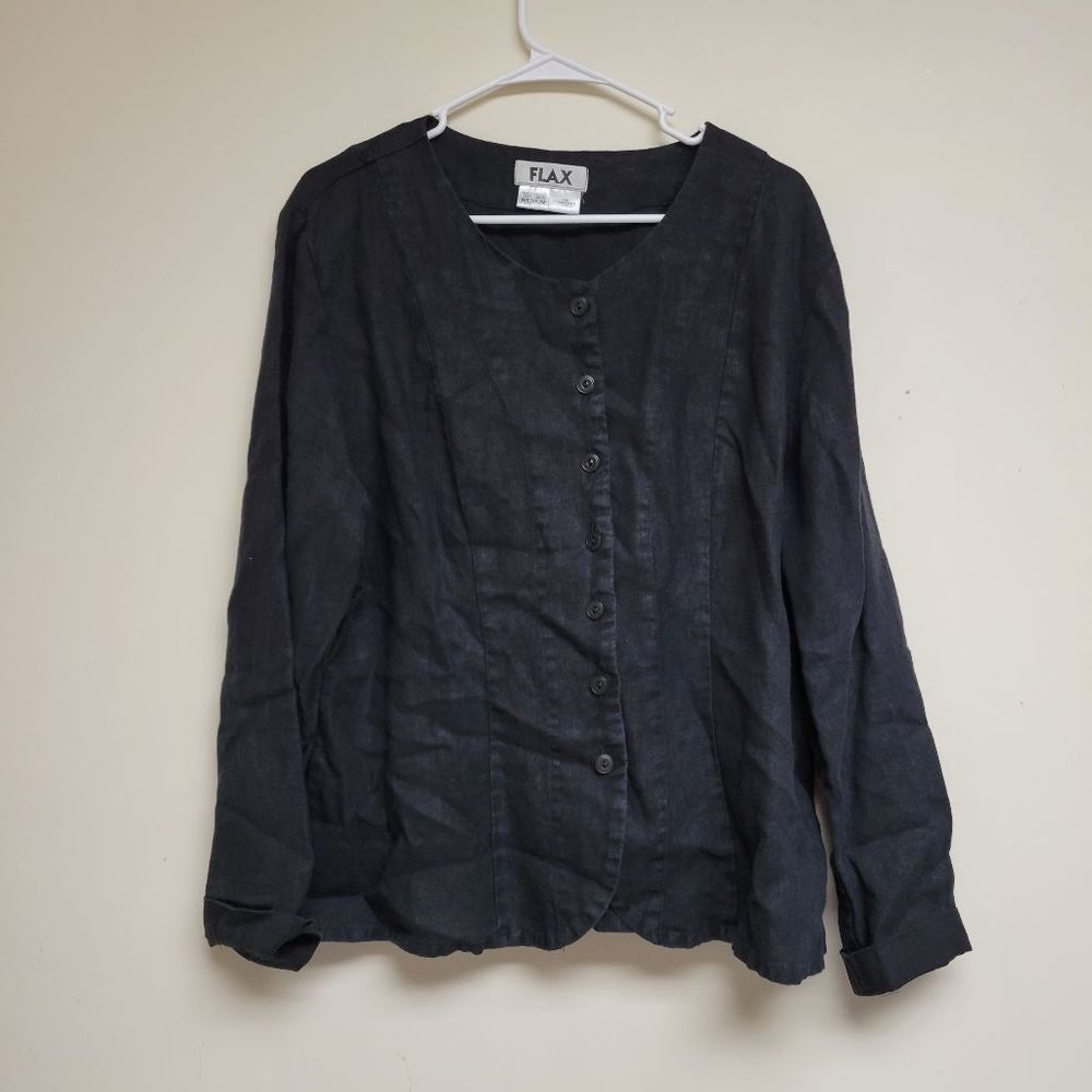 Flax Women's Large Black Linen Button Up Blouse.